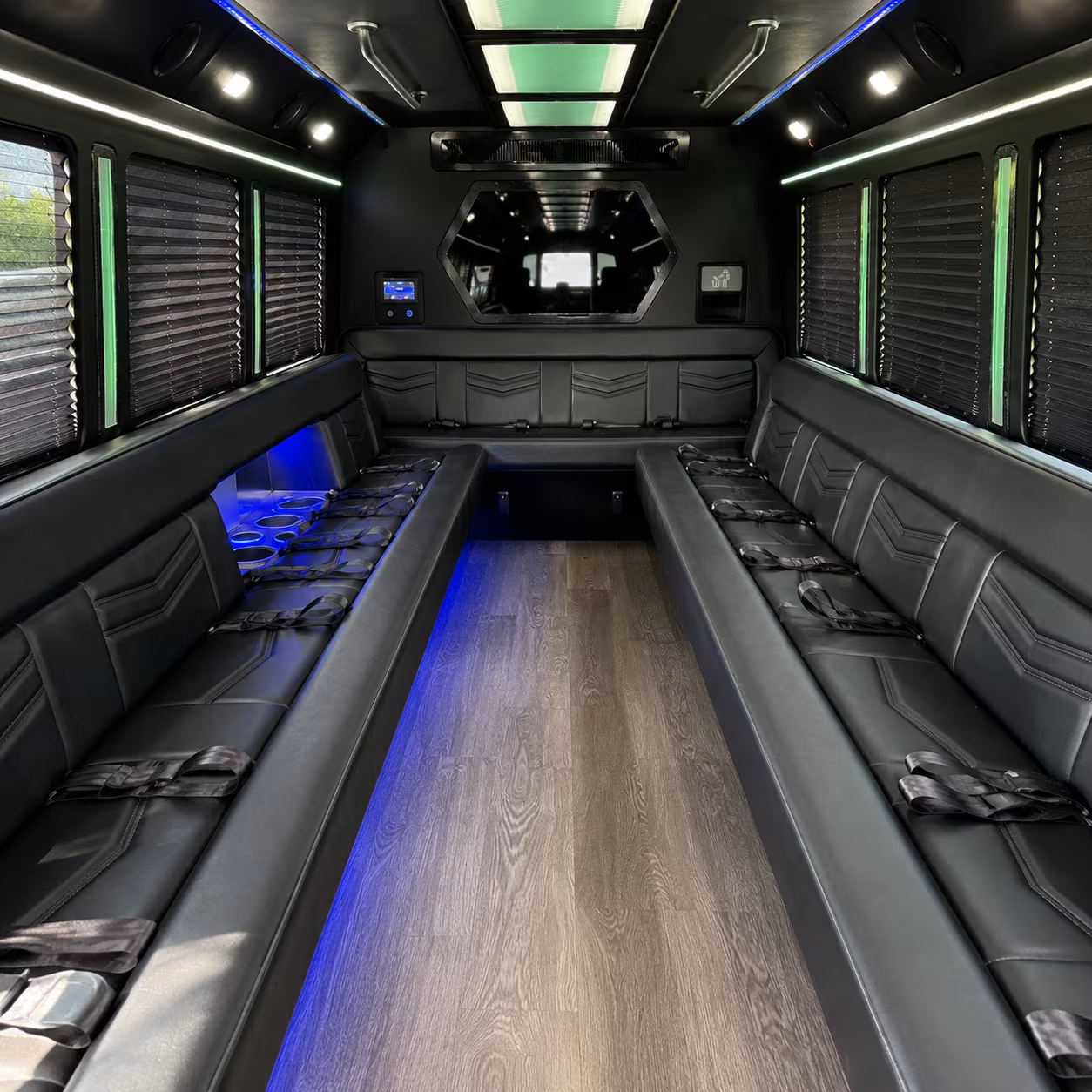 Passenger seating aboard a party bus rental serving West Palm Beach